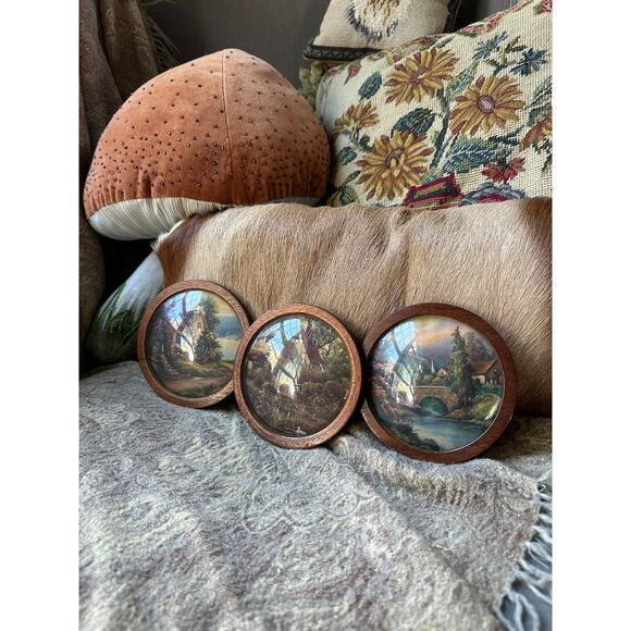 Vintage Bubble Glass Pictures English Cottage landscape set of 3 wood, wall art - Picture 3 of 13